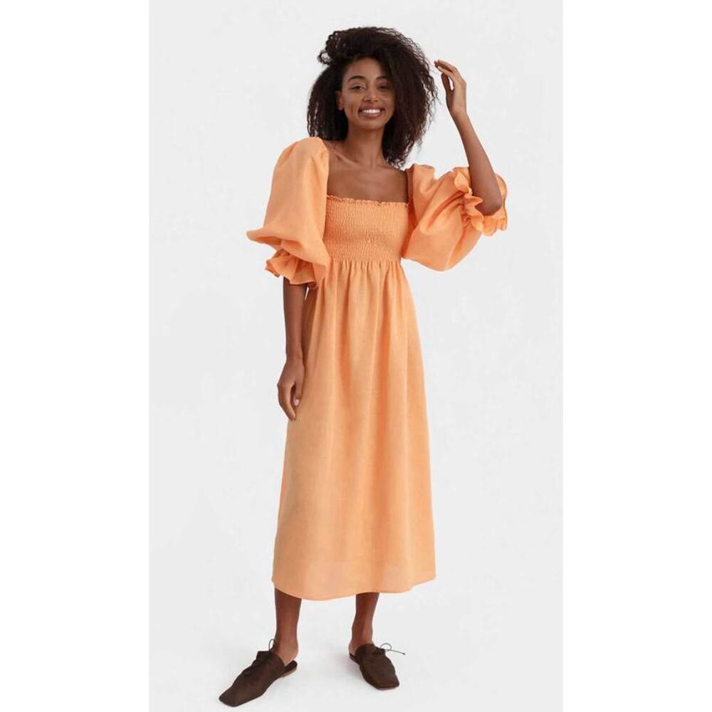 Sleeper smocked linen atlanta midi dress coral - Picture 2 of 5